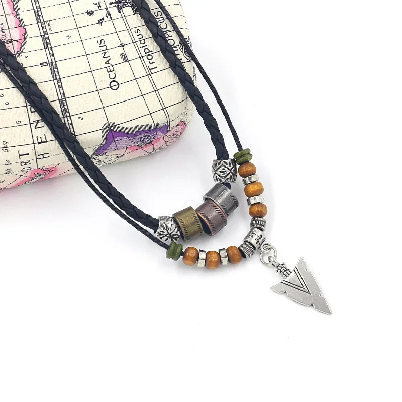 Men's Mali Necklace - Stacked Leather-Roped Polished Arrowhead