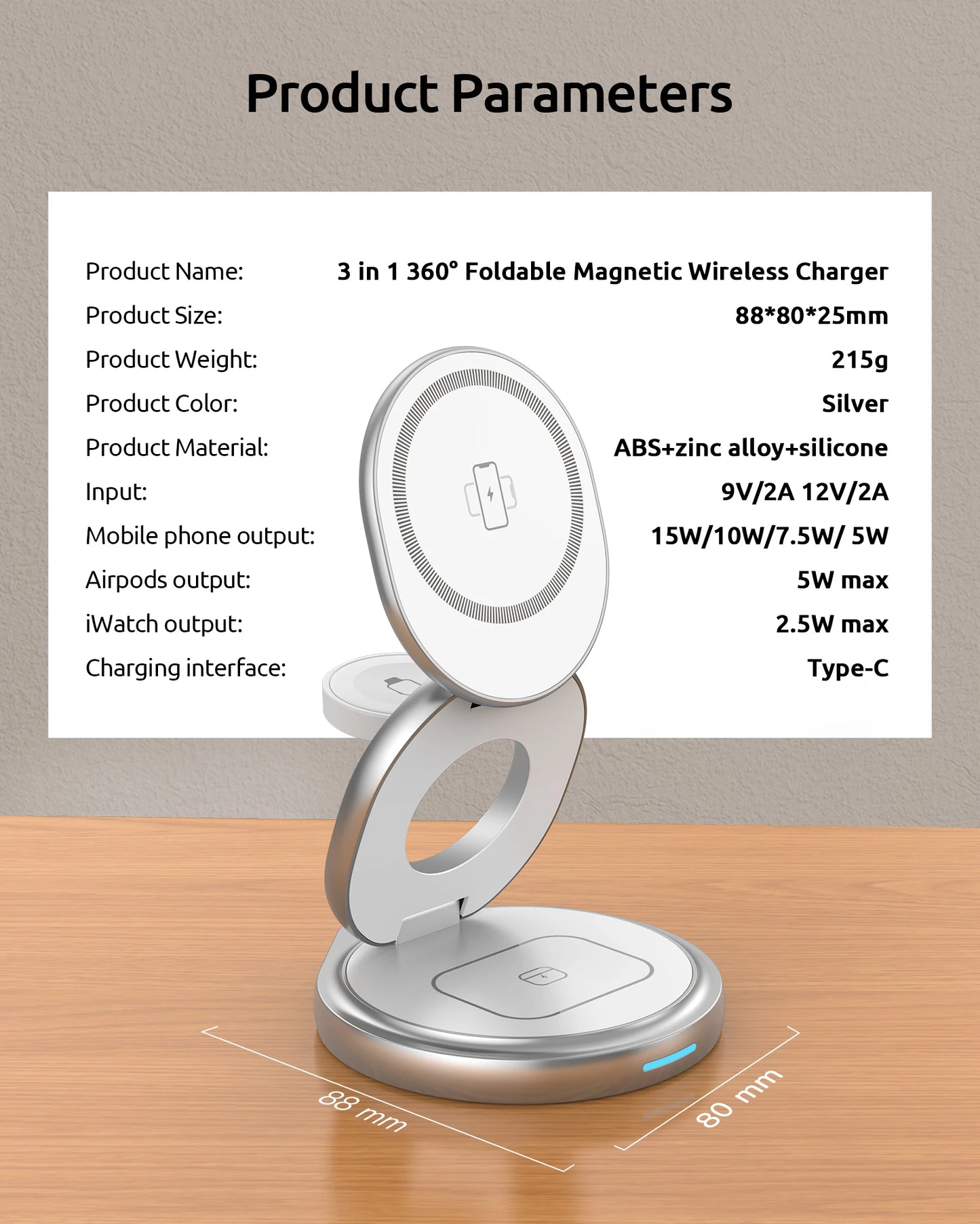 3 in 1 Charging Station Magsafe Travel Charger with 360 Rotating for iPhone 12~15 Series,for iWatch,for Airpods