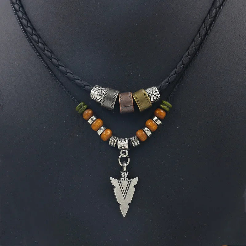 Men's Mali Necklace - Stacked Leather-Roped Polished Arrowhead