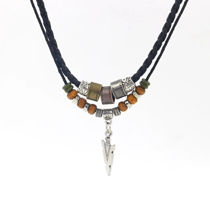 Men's Mali Necklace - Stacked Leather-Roped Polished Arrowhead
