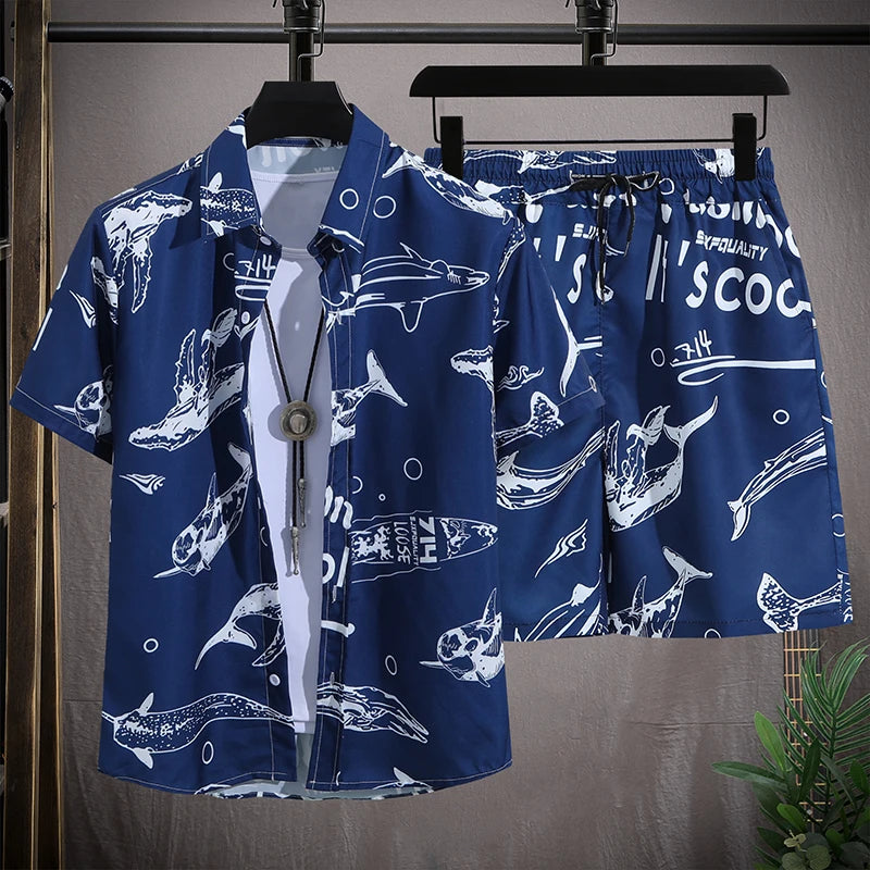 Men's Hawaiian Beach Set Single Breasted Short Sleeve Shirt and Shorts Casual Summer Vacation Travel Outfit