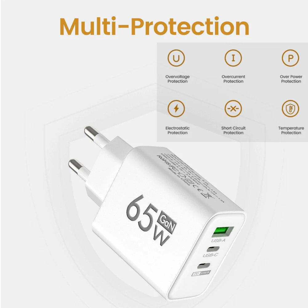 65W Lightning 3-Port Adapter - Charging Box/Plug (1 USB-A Port, 2 USB-C Ports)