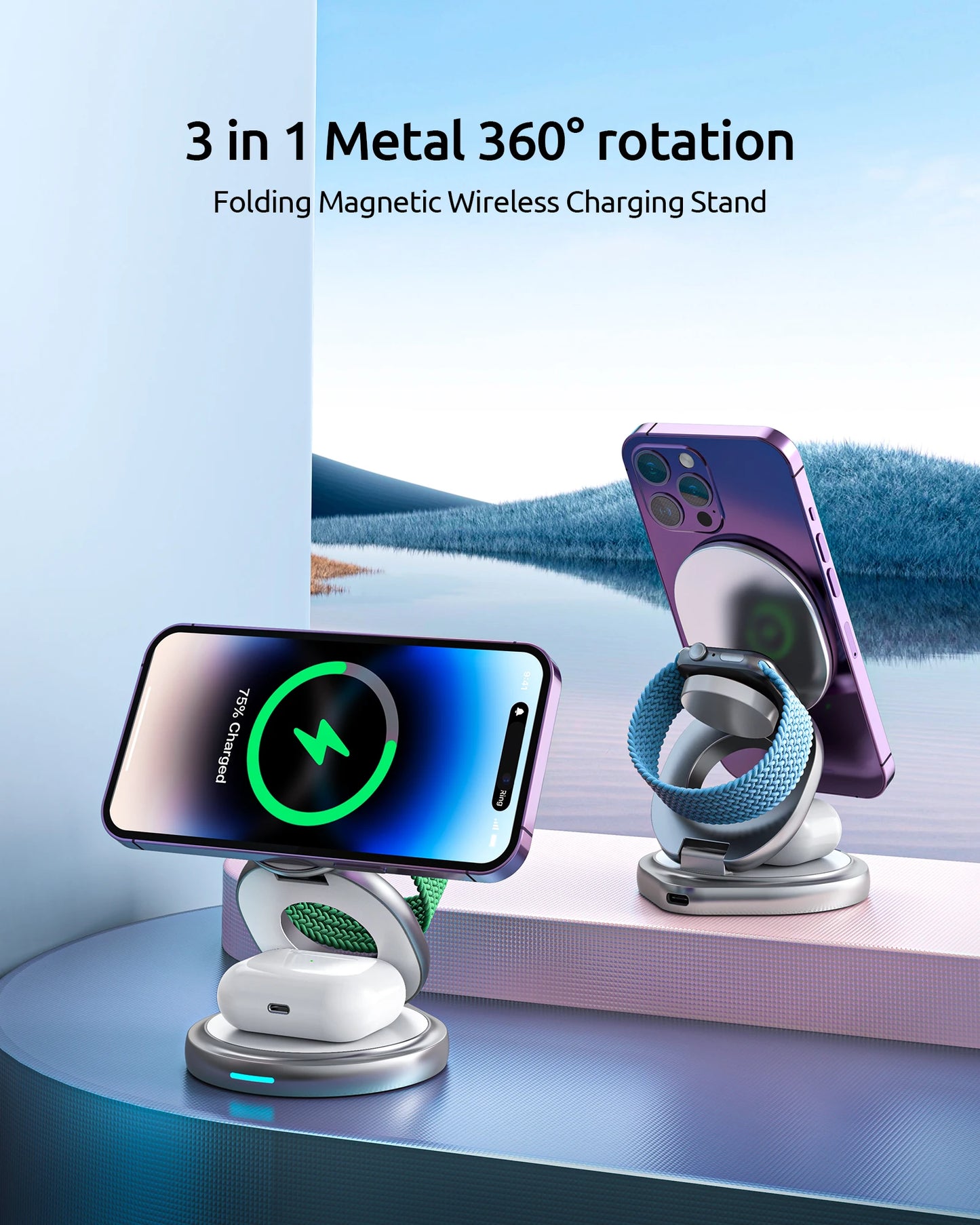 3 in 1 Charging Station Magsafe Travel Charger with 360 Rotating for iPhone 12~15 Series,for iWatch,for Airpods