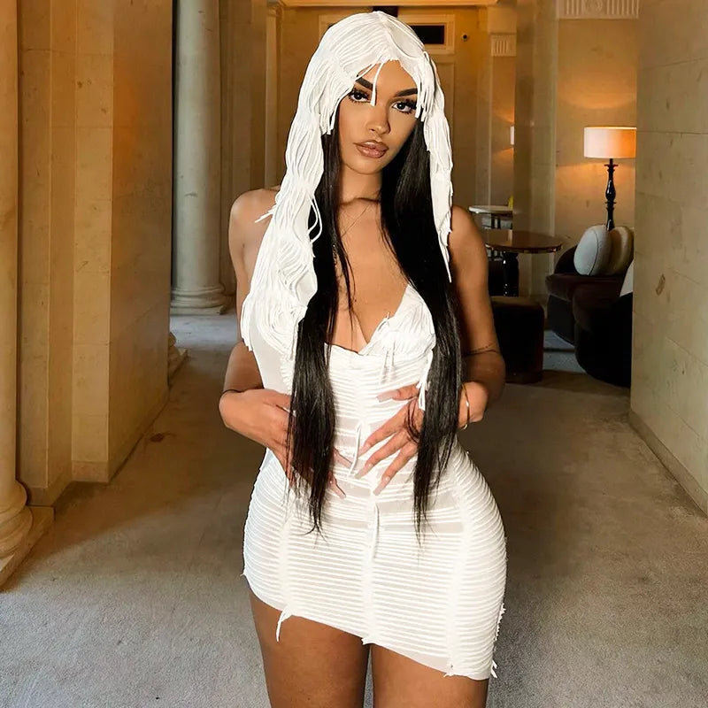 CUTENOVA White Hooded Swinging Collar Sleeveless Tassel Design Cascading Elegant Women Urban Style Chemise Frock Dress