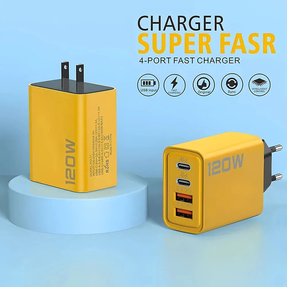 120W Lightning 4-Port Adapter - Charging Box/Plug (2 USB-A Ports, 2 USB-C Ports)