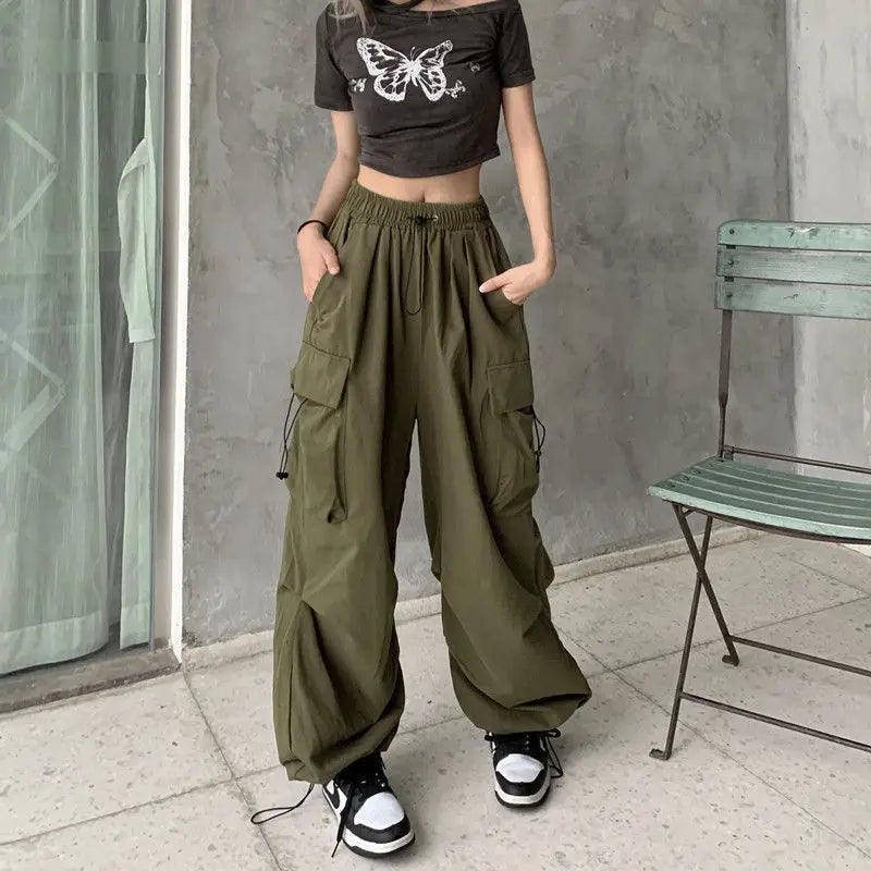 2023 Women Casual Joggers Tech Pants Solid Low Waist Pants Drawstring Wide Leg Baggy Trousers Y2k Streetwear Oversize Sweatpants