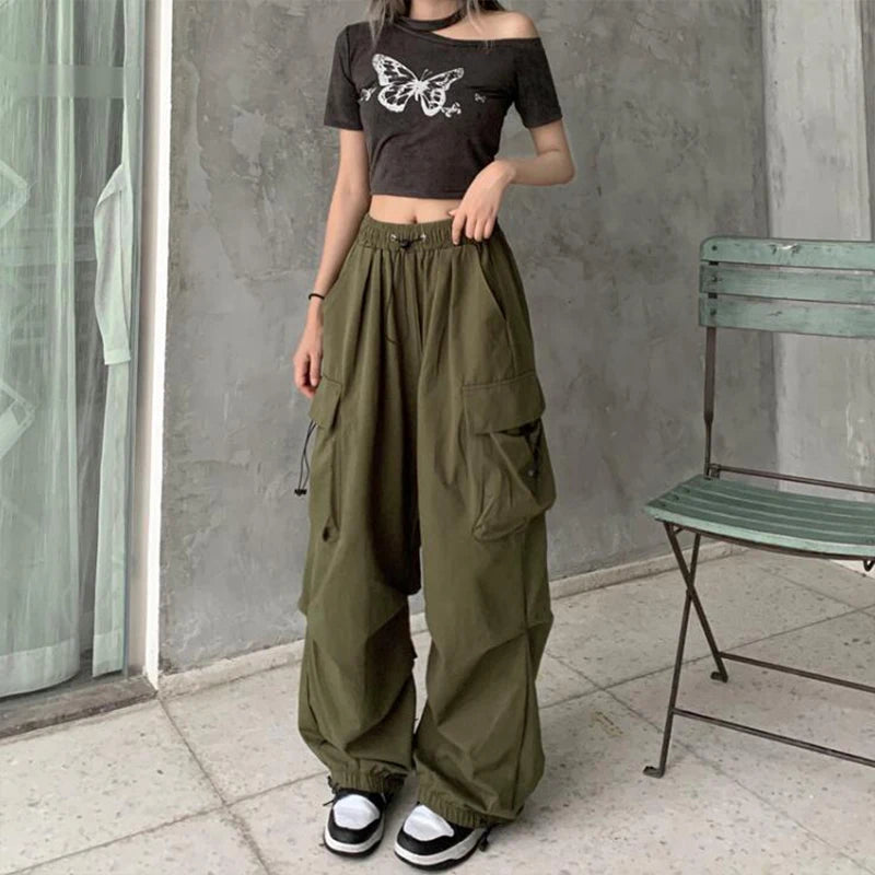 2023 Women Casual Joggers Tech Pants Solid Low Waist Pants Drawstring Wide Leg Baggy Trousers Y2k Streetwear Oversize Sweatpants