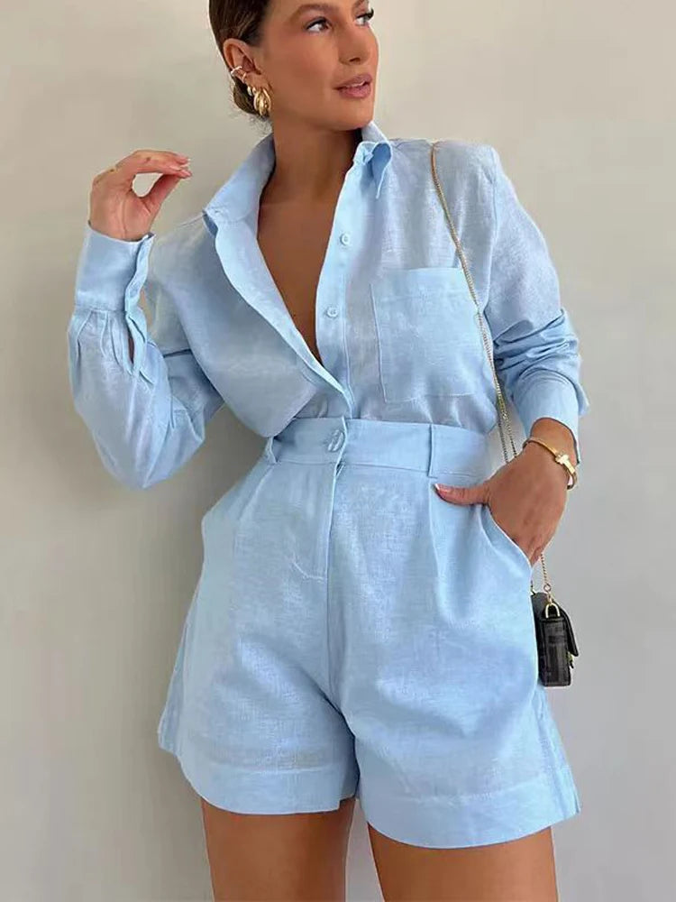 Women White Blue Lapel Button Shirts 2 Pieces Sets Casual Solid Long Sleeve Blouse High Waist Shorts Set Summer Elegant Suit