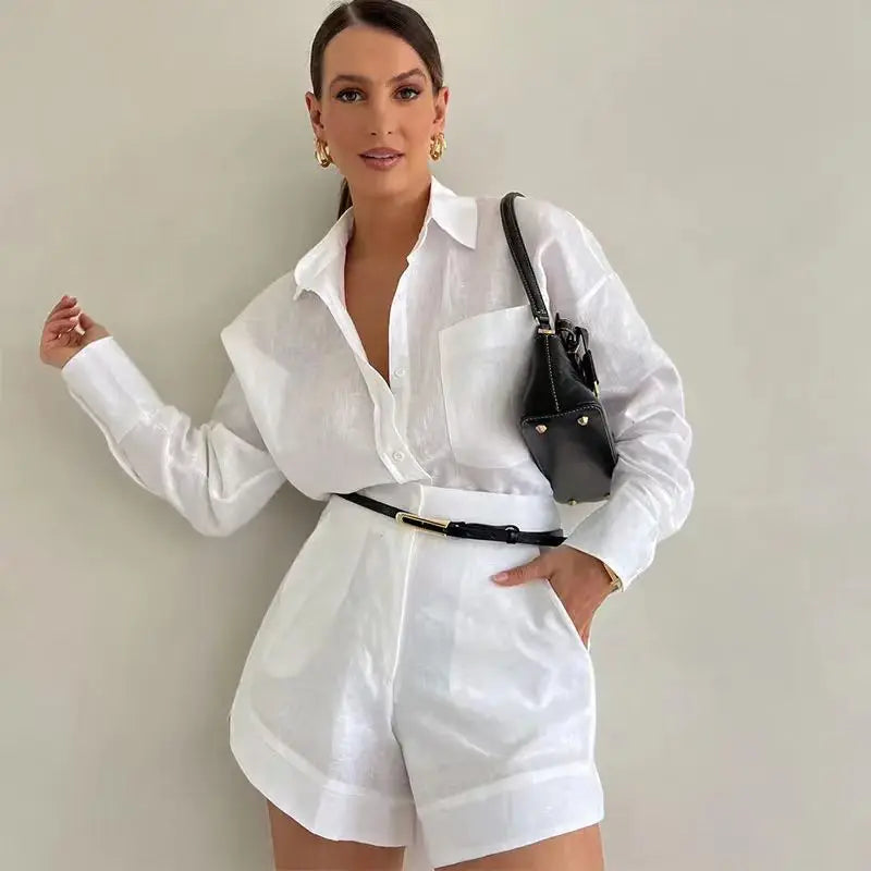 Women White Blue Lapel Button Shirts 2 Pieces Sets Casual Solid Long Sleeve Blouse High Waist Shorts Set Summer Elegant Suit