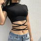 2022 Summer Women Black Short T-Shirts Sexy Crop Tops Short Sleeve Bandage Tee Tops Female Shirts