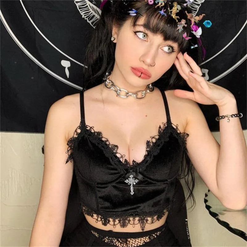 Velvet Mall Goth Crop Tops Black Lace Trim Emo Alternative Aesthetic Crop Tops Women Backless Sexy Strap Tanks