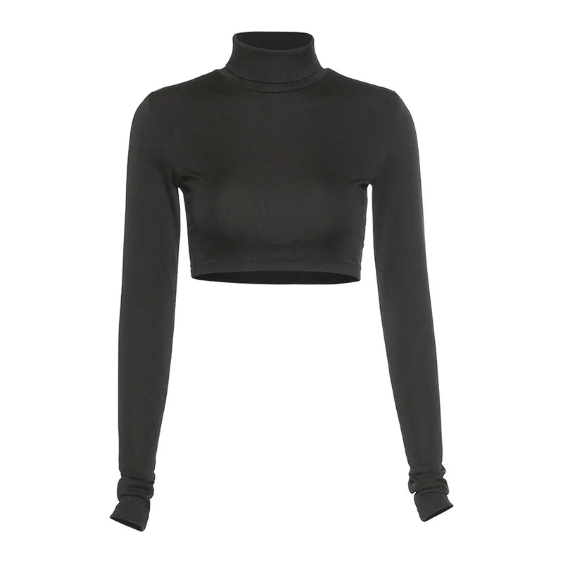 Basic Sheath Women Solid Turtleneck Tshirt Autumn Stretch Casual Undershirt Female All-match Street Activity Crop Tops