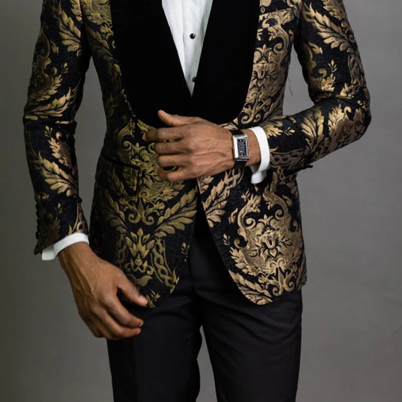 The Houndsman - Floral Jacquard Blazer with Velvet Shawl