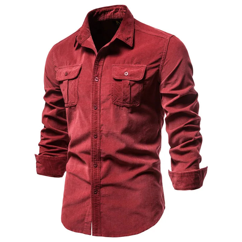 2021 New Single Breasted 100% Cotton Men's Shirt Business Casual Fashion Solid Color Corduroy Men Shirts Autumn Slim Shirt Men