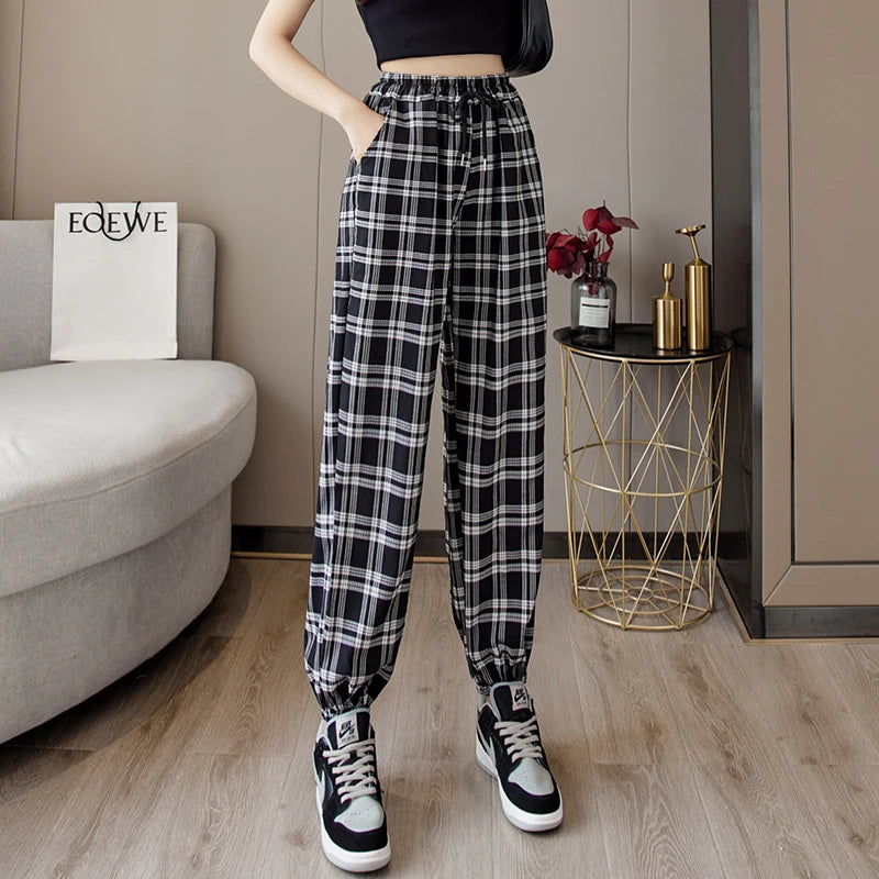 Pants Women New Bunch of feet Fashion Loose Black Plaid Summer Harajuku Students Streetwear Harem Long Trousers Womens Chic