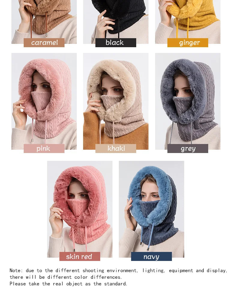 Winter Fur Cap Mask Set Hooded for Women Knitted Cashmere Neck Warm Balaclava Ski Windproof Hat Thick Plush Fluffy Beanies hood