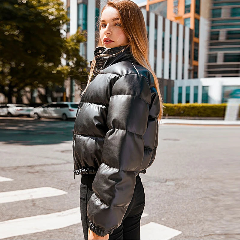 Winter Warm Thick PU Leather Coats Women Short Parkas Fashion Black Cotton Padded Lady Down Jacket Elegant Zipper Clothes 2023