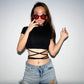 2022 Summer Women Black Short T-Shirts Sexy Crop Tops Short Sleeve Bandage Tee Tops Female Shirts