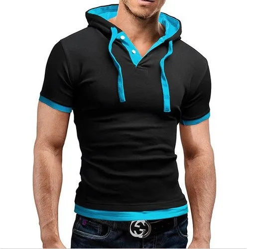 Men's Slim Fitness Hooded Short-Sleeved Tees Male Camisa Masculina Sportswer T-Shirt Slim Tshirt Homme 3XL