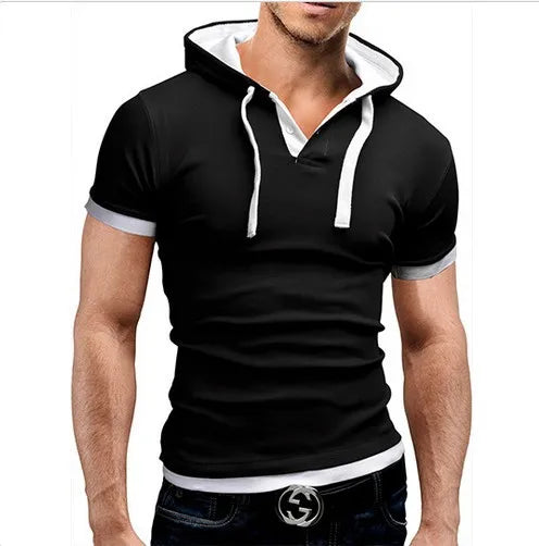 Men's Slim Fitness Hooded Short-Sleeved Tees Male Camisa Masculina Sportswer T-Shirt Slim Tshirt Homme 3XL