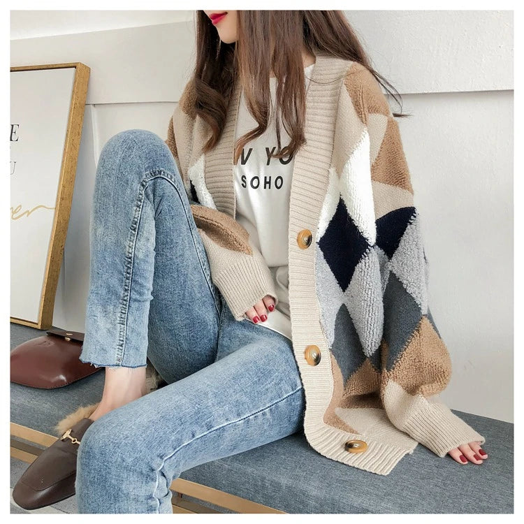 Colorfaith 2022 Plaid Chic Cardigans Button Puff Sleeve Checkered Oversized Women's Sweaters Winter Spring Sweater Tops SW658