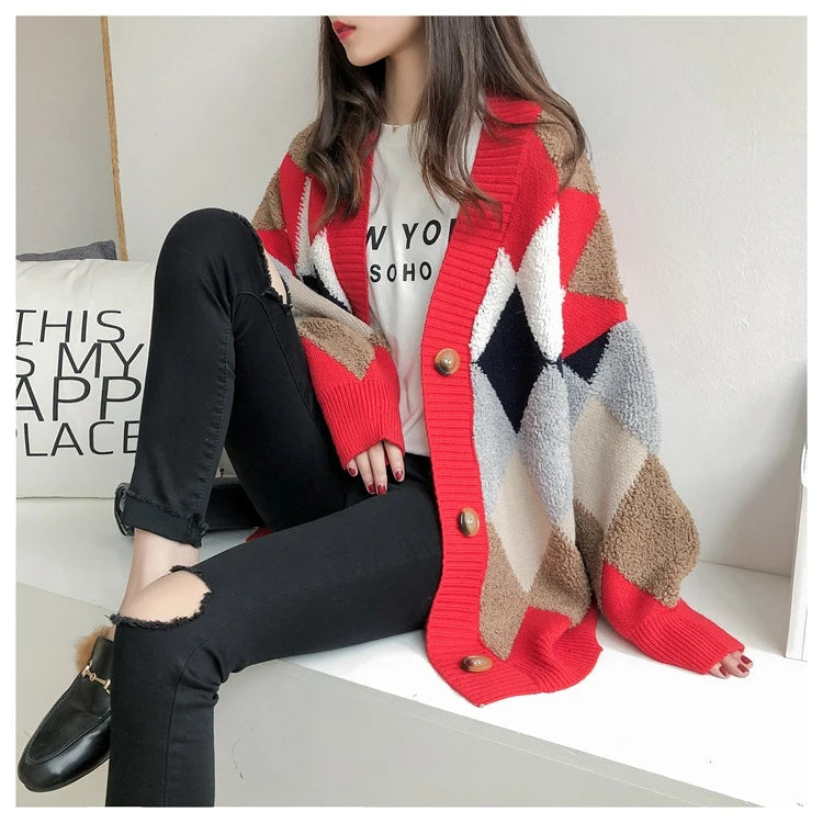 Colorfaith 2022 Plaid Chic Cardigans Button Puff Sleeve Checkered Oversized Women's Sweaters Winter Spring Sweater Tops SW658