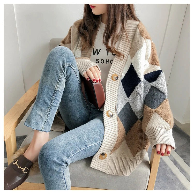 Colorfaith 2022 Plaid Chic Cardigans Button Puff Sleeve Checkered Oversized Women's Sweaters Winter Spring Sweater Tops SW658