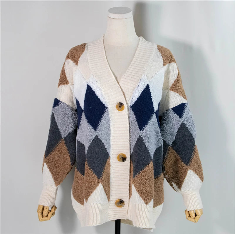 Colorfaith 2022 Plaid Chic Cardigans Button Puff Sleeve Checkered Oversized Women's Sweaters Winter Spring Sweater Tops SW658