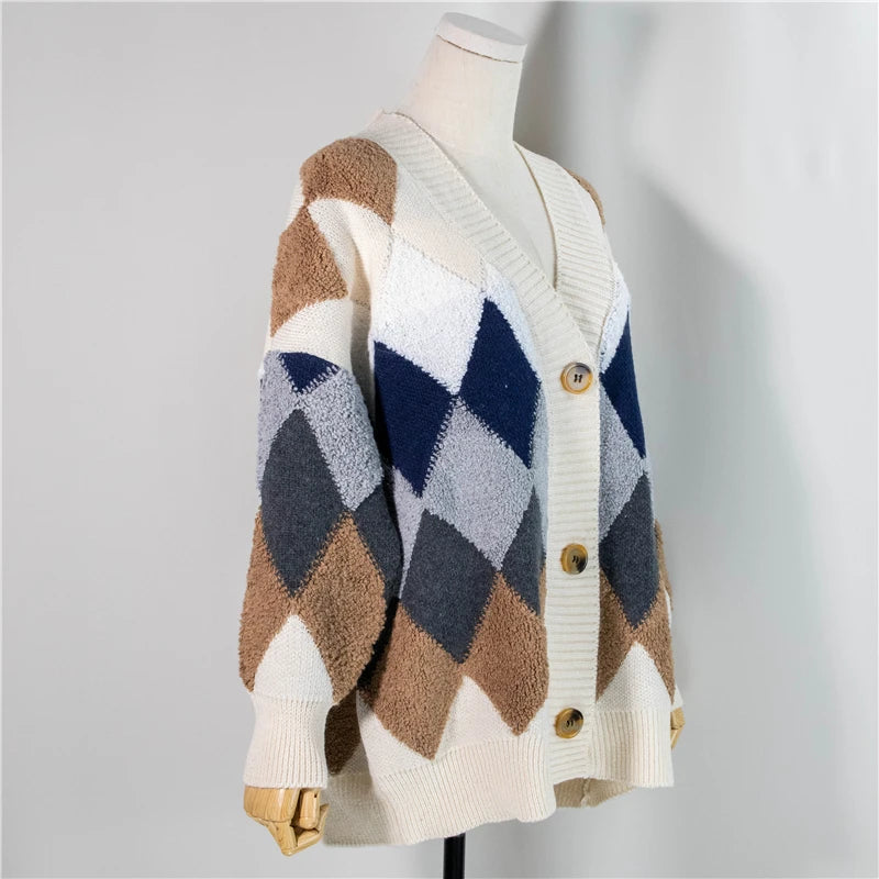 Colorfaith 2022 Plaid Chic Cardigans Button Puff Sleeve Checkered Oversized Women's Sweaters Winter Spring Sweater Tops SW658