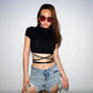 2022 Summer Women Black Short T-Shirts Sexy Crop Tops Short Sleeve Bandage Tee Tops Female Shirts