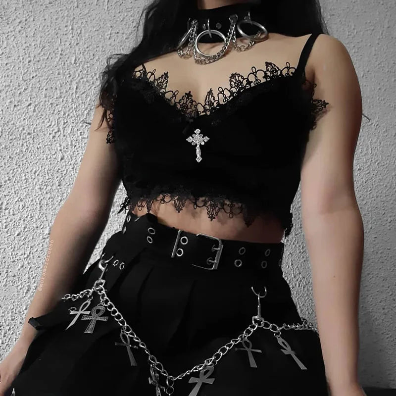 Velvet Mall Goth Crop Tops Black Lace Trim Emo Alternative Aesthetic Crop Tops Women Backless Sexy Strap Tanks