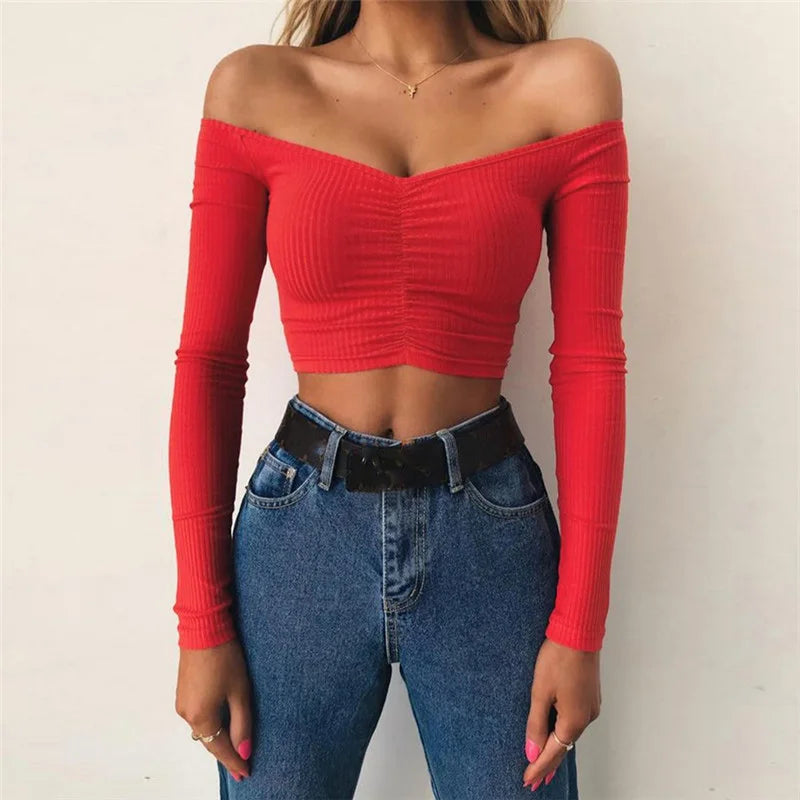 Women T-shirts sexy and club fashion female T-shirt long sleeve off shoulder solid color lady Tshirt autumn basic tees