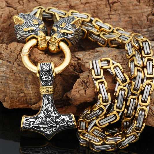 Norse - Skoll & Hati with Thors Hammer Heavy-Weight Viking Necklace