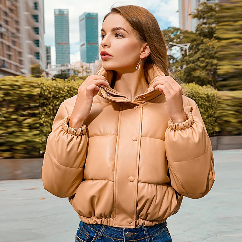 Winter Warm Thick PU Leather Coats Women Short Parkas Fashion Black Cotton Padded Lady Down Jacket Elegant Zipper Clothes 2023