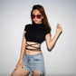 2022 Summer Women Black Short T-Shirts Sexy Crop Tops Short Sleeve Bandage Tee Tops Female Shirts