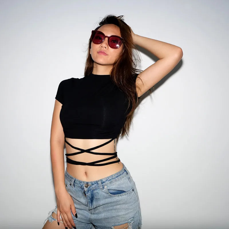 2022 Summer Women Black Short T-Shirts Sexy Crop Tops Short Sleeve Bandage Tee Tops Female Shirts