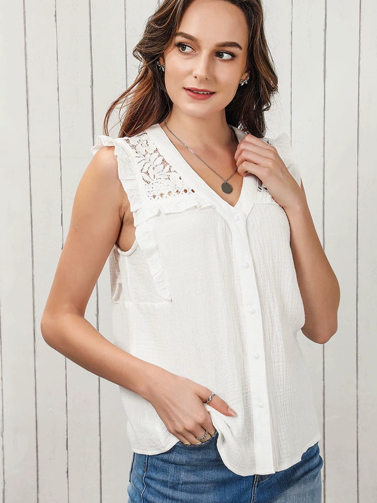 European and American Leisure V-neck Lace Patchwork Shirt Women 2024 Summer New Arrival Florals Texture Pullover Sleeveless Tops Women