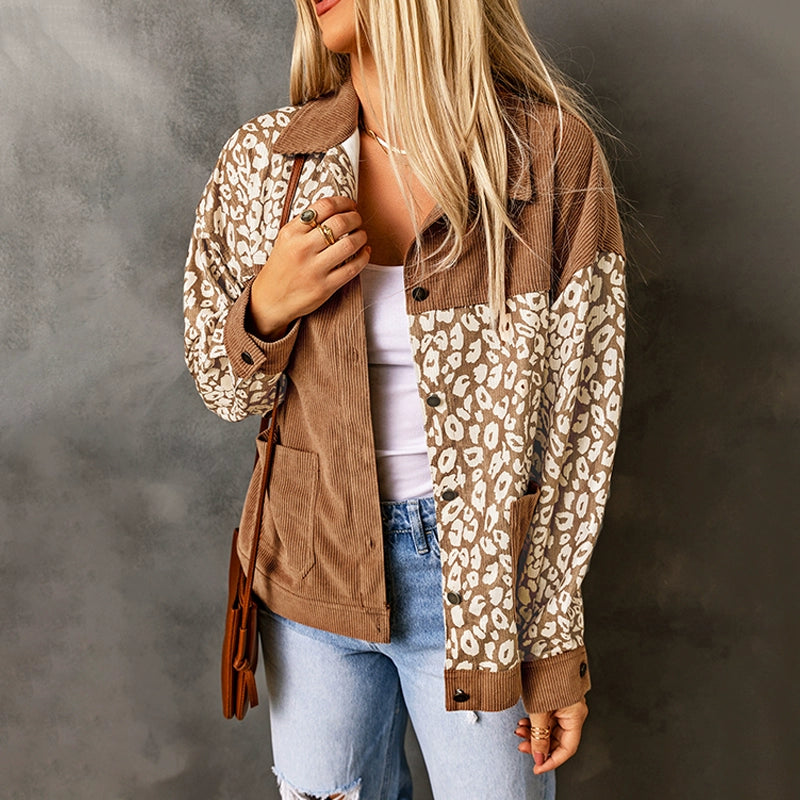 Fashion Corduroy Stylish Leopard Splicing Short Coat