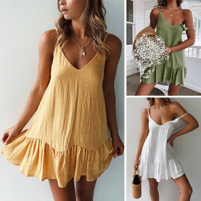 Women Ruffle Sexy Party Sundress Cotton Linen Open Back Female Dress