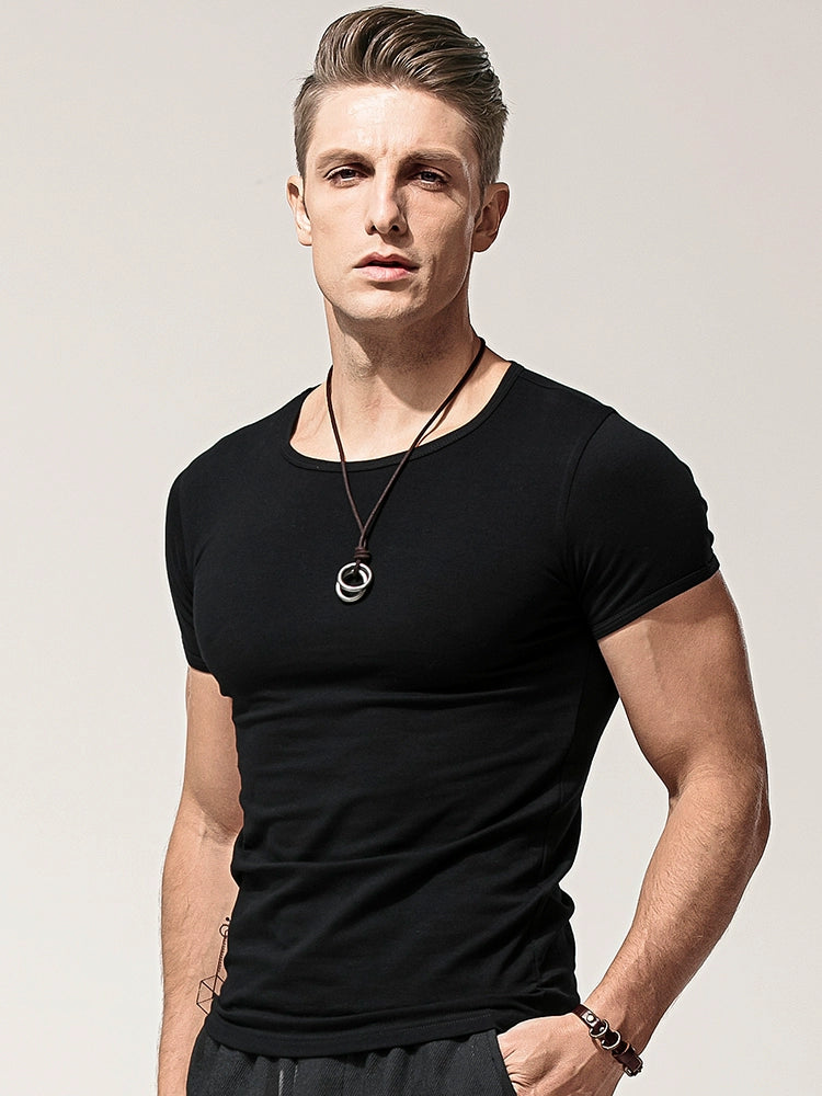 Men's Pure Black White Tight Base Shirt Short-Sleeved T-shirt