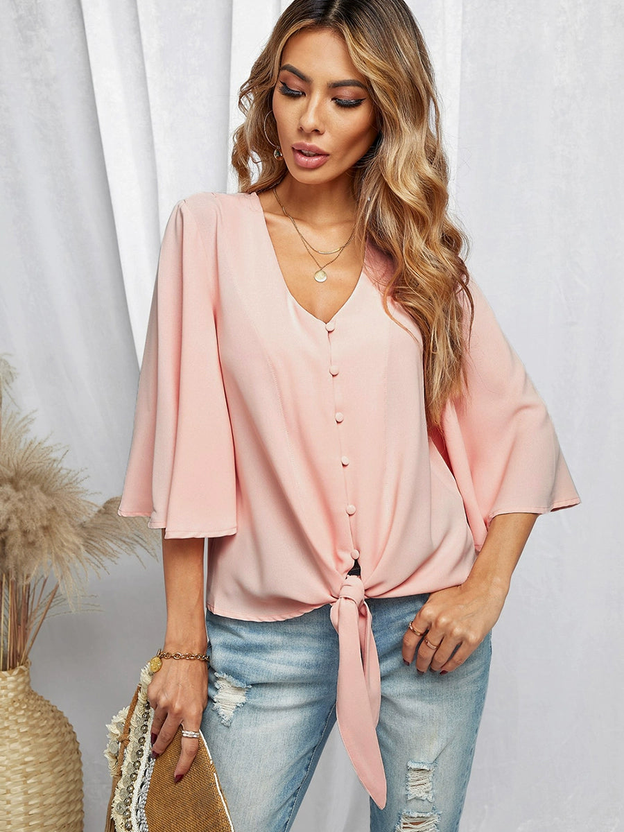 Shiying Fall V-neck Long Sleeve Buckle Loose Shirt