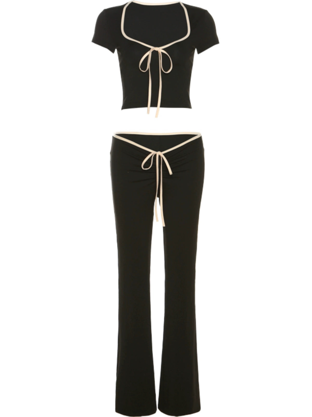 Lace-up Bow Elegant V Neck + Pants 2pc Set