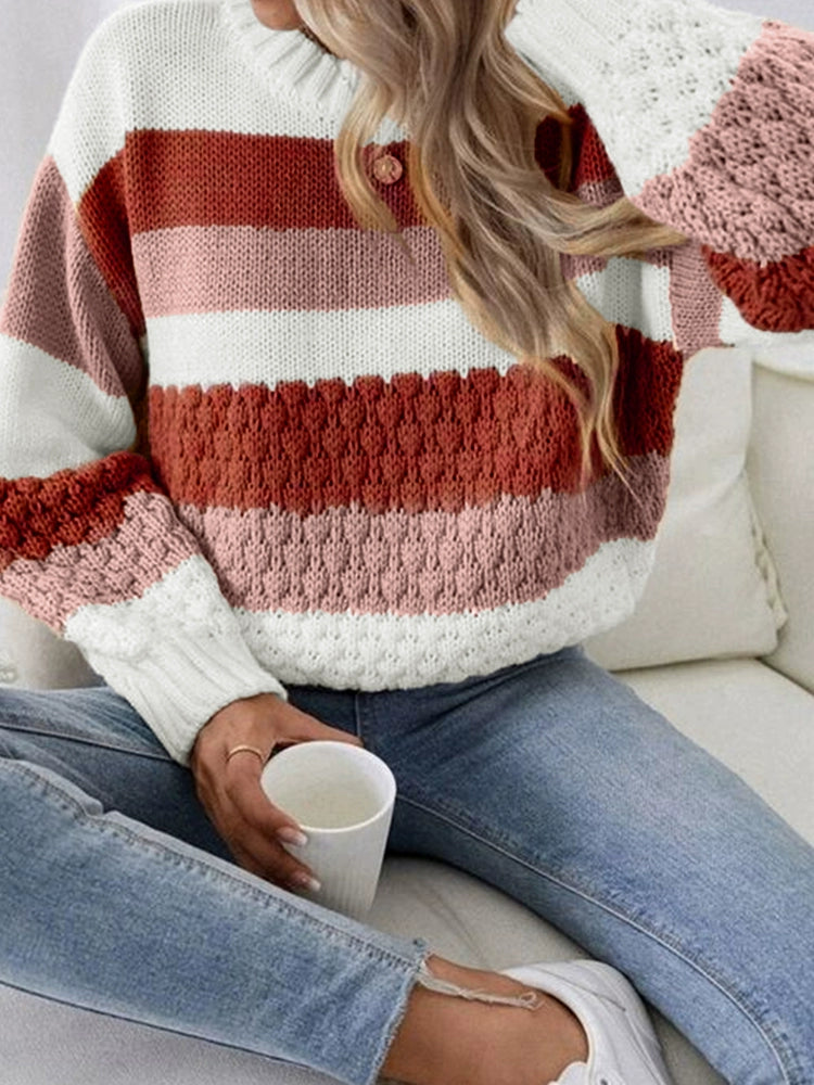 Fashion Stripe Texture Feeling Pullover Sweater Fall and Winter New Arrival Casual Belly Covering Lady Thermal round-Neck Knitwear Tops