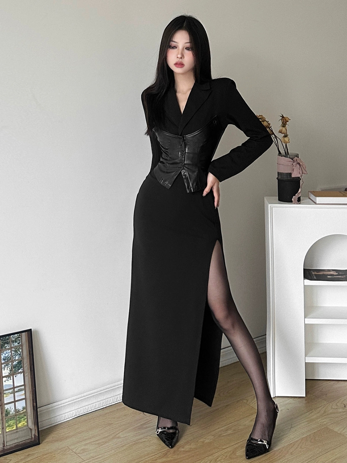 Kliou Sister Tuo Cool Style Black PU Leather Stitching Lapel Dress Women's Tight Waist Slimming Slit Sheath Dress