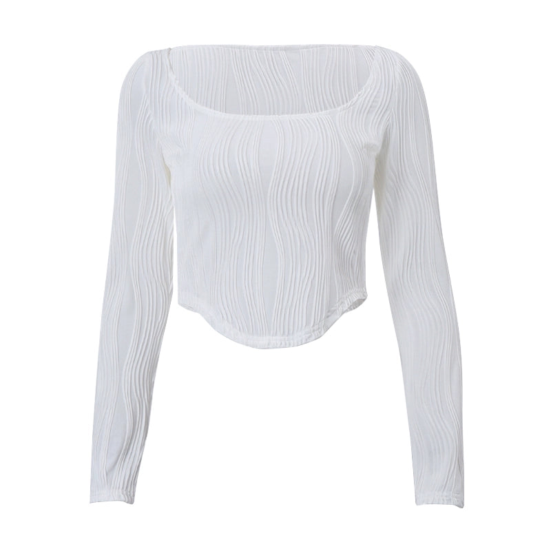 European and American-Style U-Collar Irregular Texture Slimming Long-Sleeved T-shirt