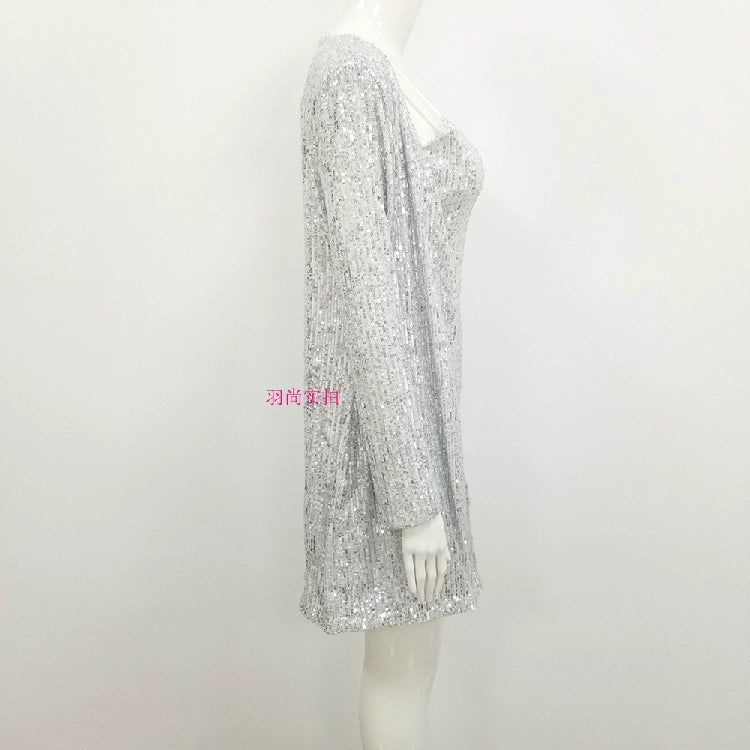 Fall New New Style Silver Sequined Suit Skirt Two-Piece Suspender Shawl Cardigan Bottoming Short Sexy Fashion