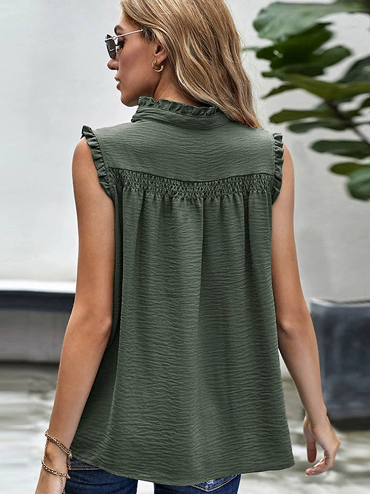 Fashion Turtleneck Buttons Ruffled Casual Sleeveless Vest