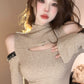 Off-the-Shoulder Autumn and Winter Sexy Half-High Collar Long Sleeves Small Top