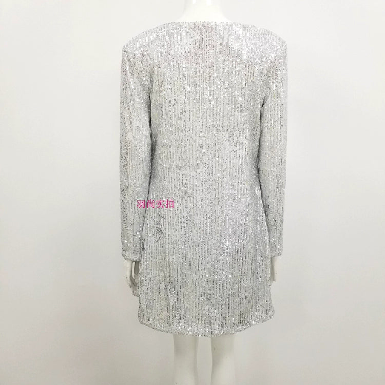 Fall New New Style Silver Sequined Suit Skirt Two-Piece Suspender Shawl Cardigan Bottoming Short Sexy Fashion