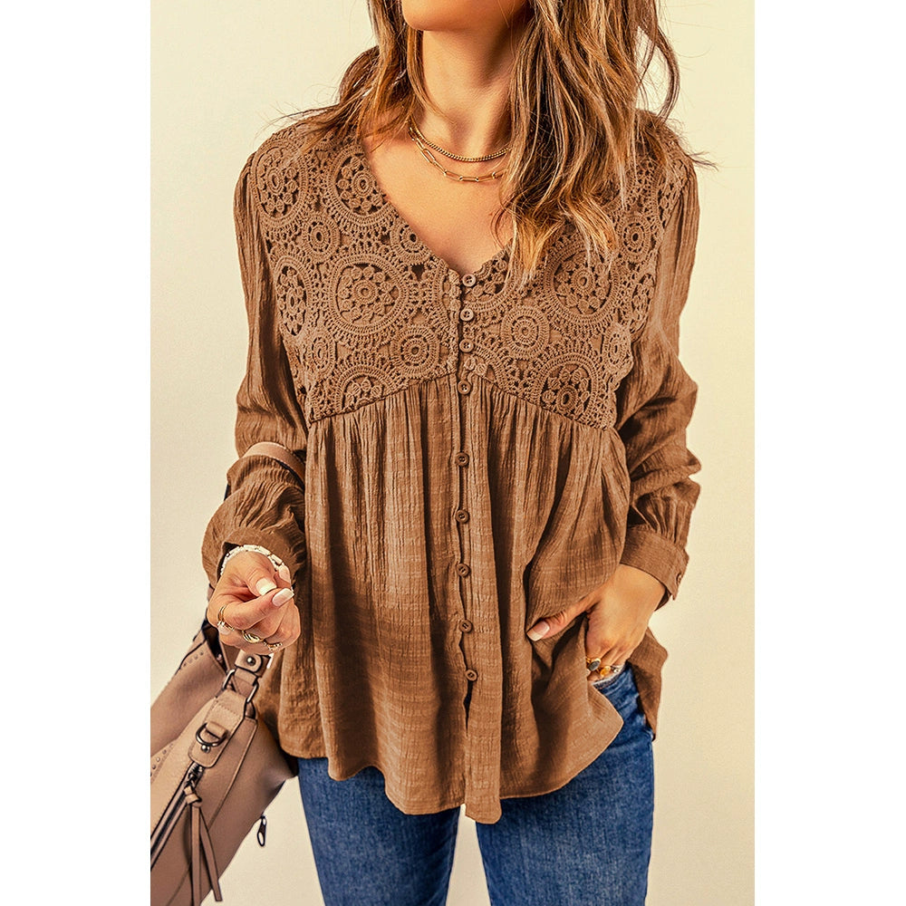 Fall 2024 New Brown Lace Crochet Shirt Women Fashion Style Fashion Button V Neck Little-Girl Style Clothes Tops Women